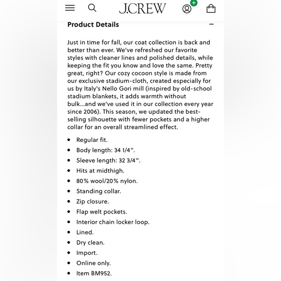 New with tags, J.Crew cocoon, Italian wool stadium cloth coat - Picture 5 of 5